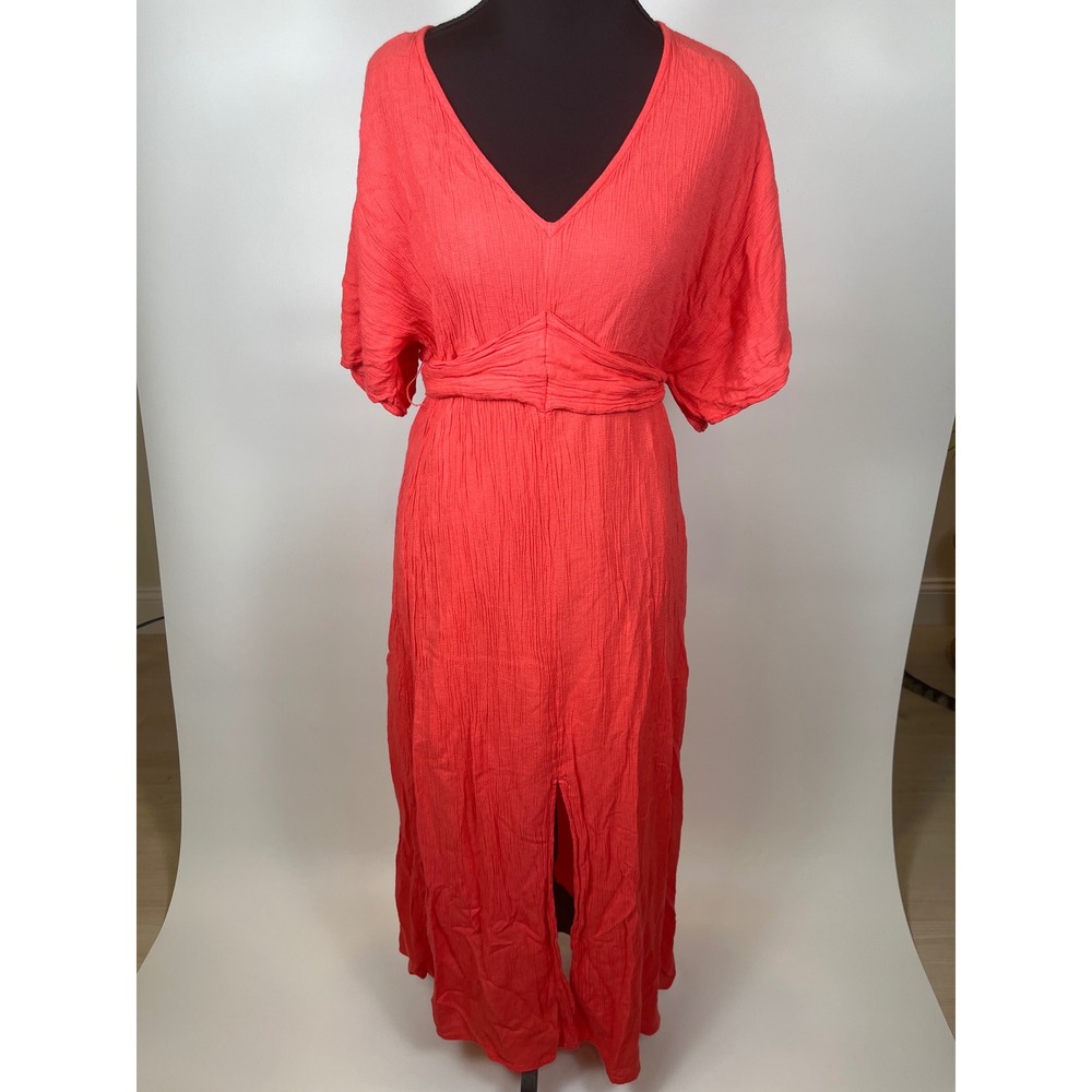 Billabong Womens Coral Red Crinkle Gauze V-Neck Maxi Dress Short Sleeve Small